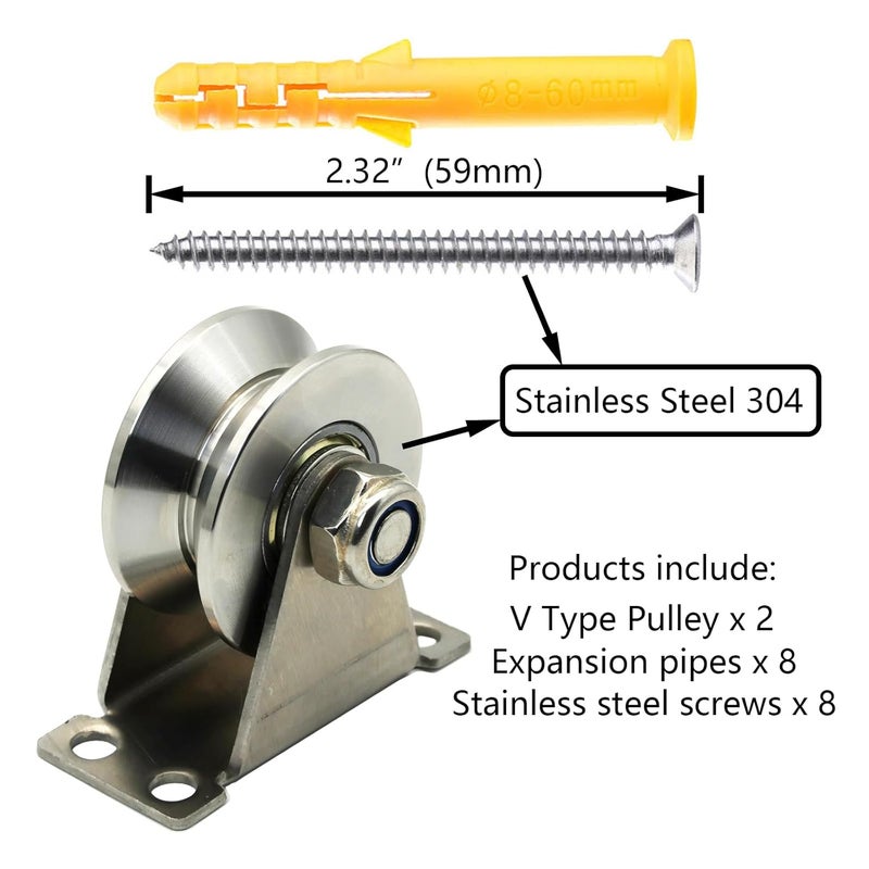 LTEMG V Type Groove Wheel Pulley Stainless Steel Silent Pulley Block,Wall-Mounted Ceiling Lifting Pulley Block,Sliding Gate Hardware,Removable Double Bearing,with Expansion Pipes and Screw(2 Pack) - Image 3